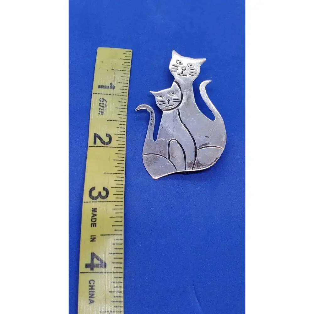 Vintage Brooch Cat & Kitten 925 Sterling Silver Mexico Cats MCM 1960s Cat Lover